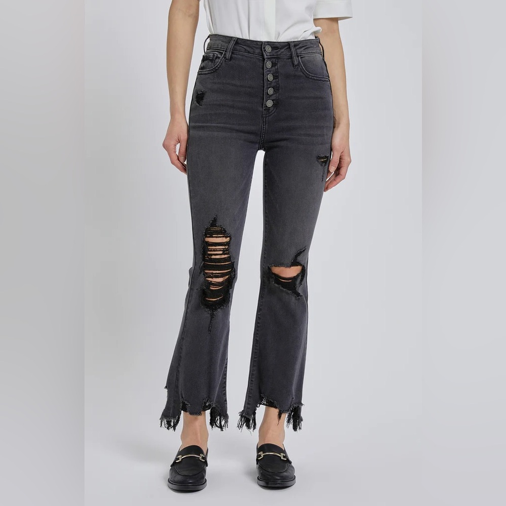 HIDDEN BLACK DISTRESSED CROPPED FLARE JEANS
